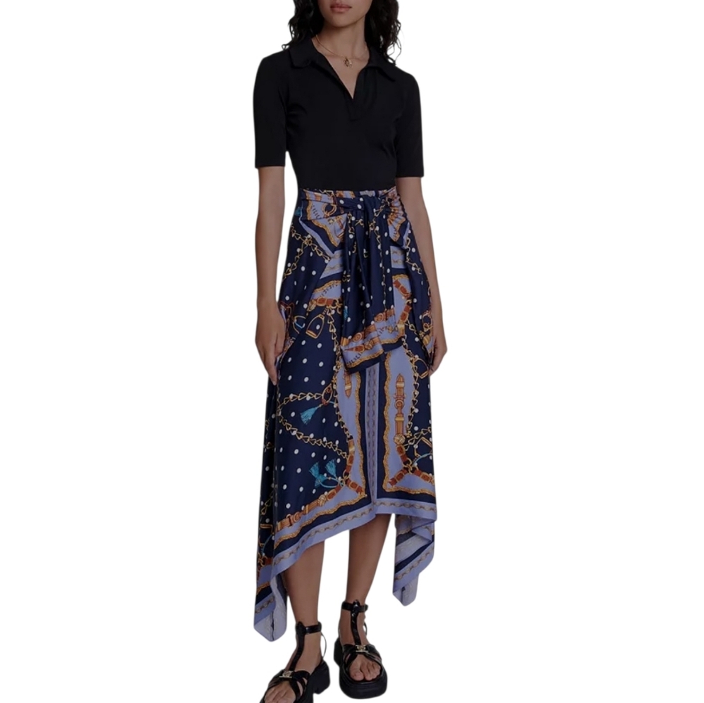 Maje Raprichaine Blue Assymetrical Maxi Dress w Black Top Short Sleeve Top sz 2